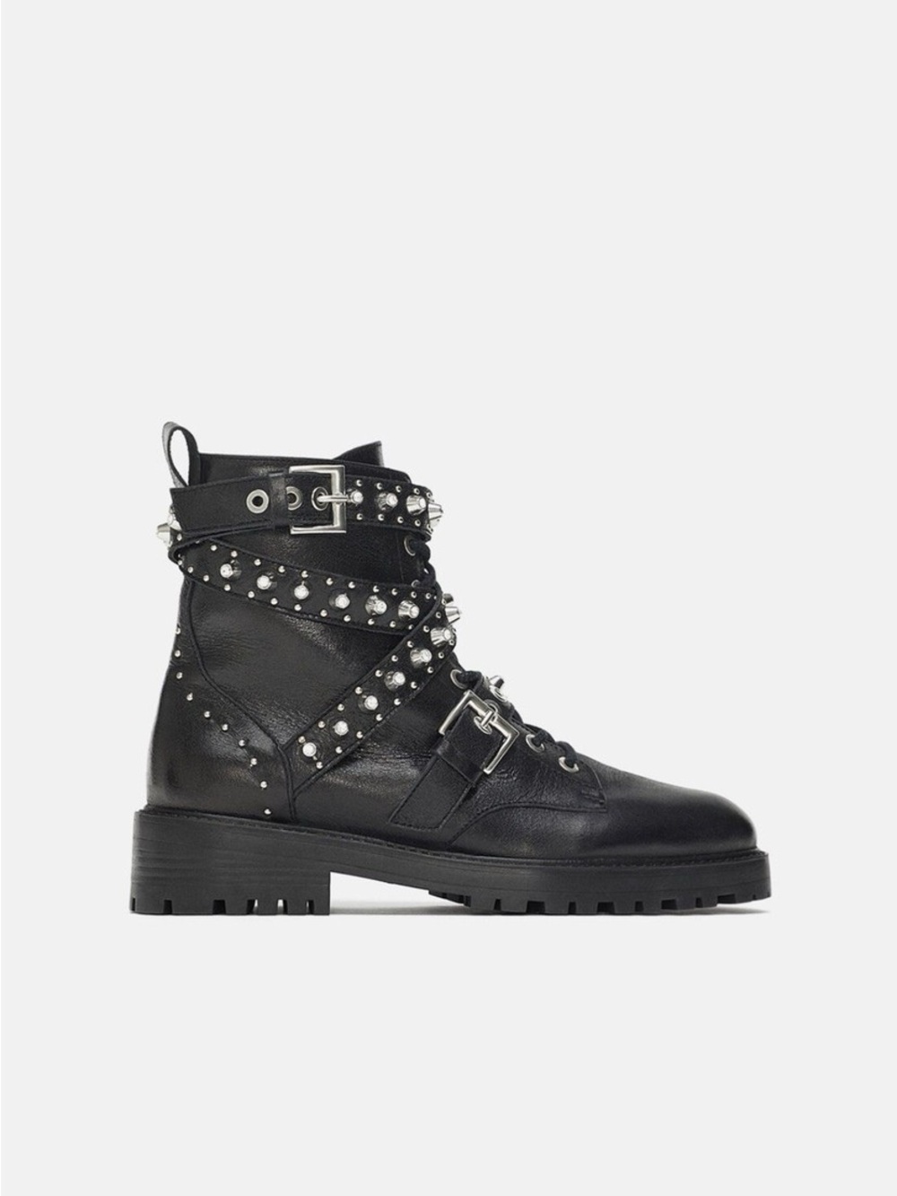 Zara Black Studded Leather Combat Boots New without tags - Picture 3 of 5